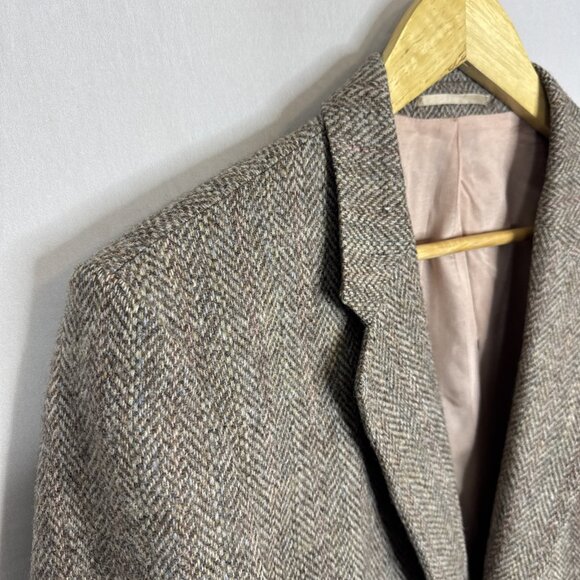 Harris Tweed Herringbone Wool Blazer Suede Elbow Patches Brown Men’s 40R - Picture 2 of 12